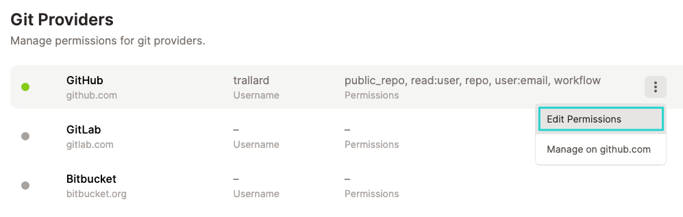 Gitpod integrations - edit GH permissions screenshot