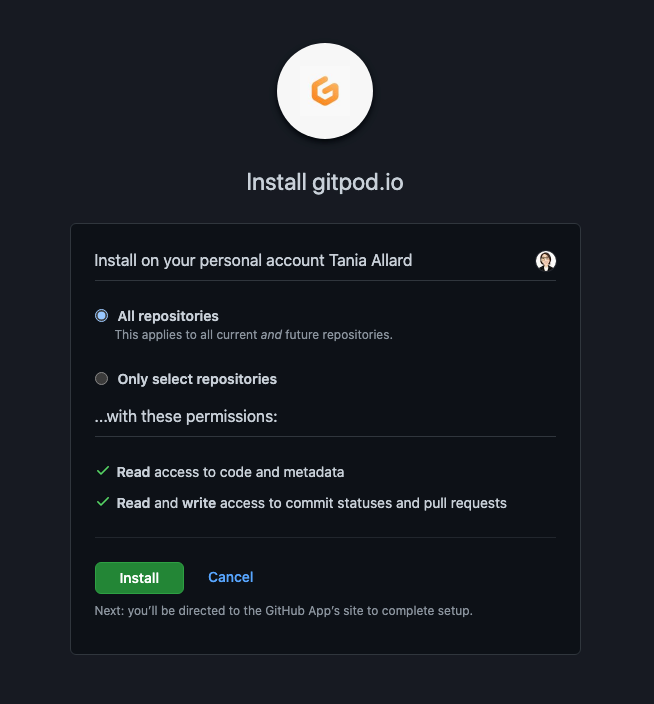 Gitpod repository access and installation screenshot
