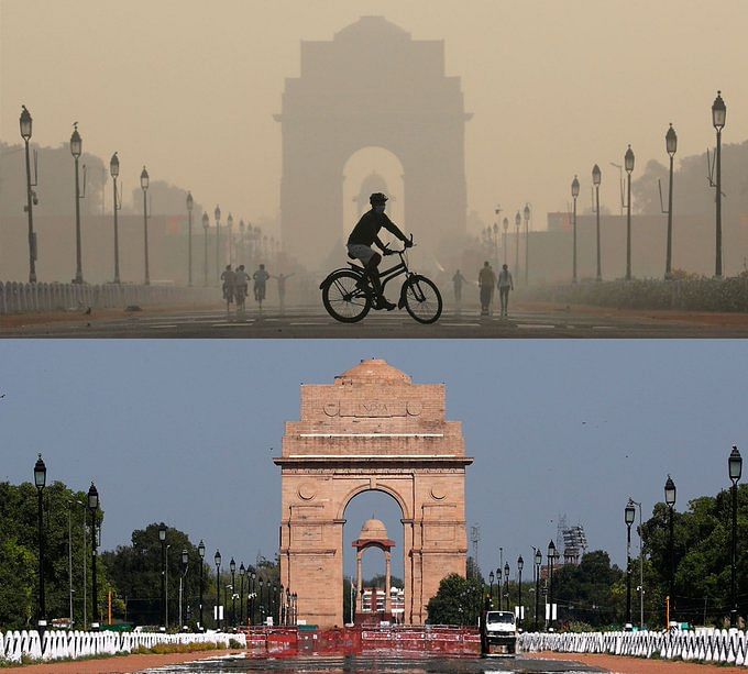 A grid showing the India Gate in smog above and clear air below