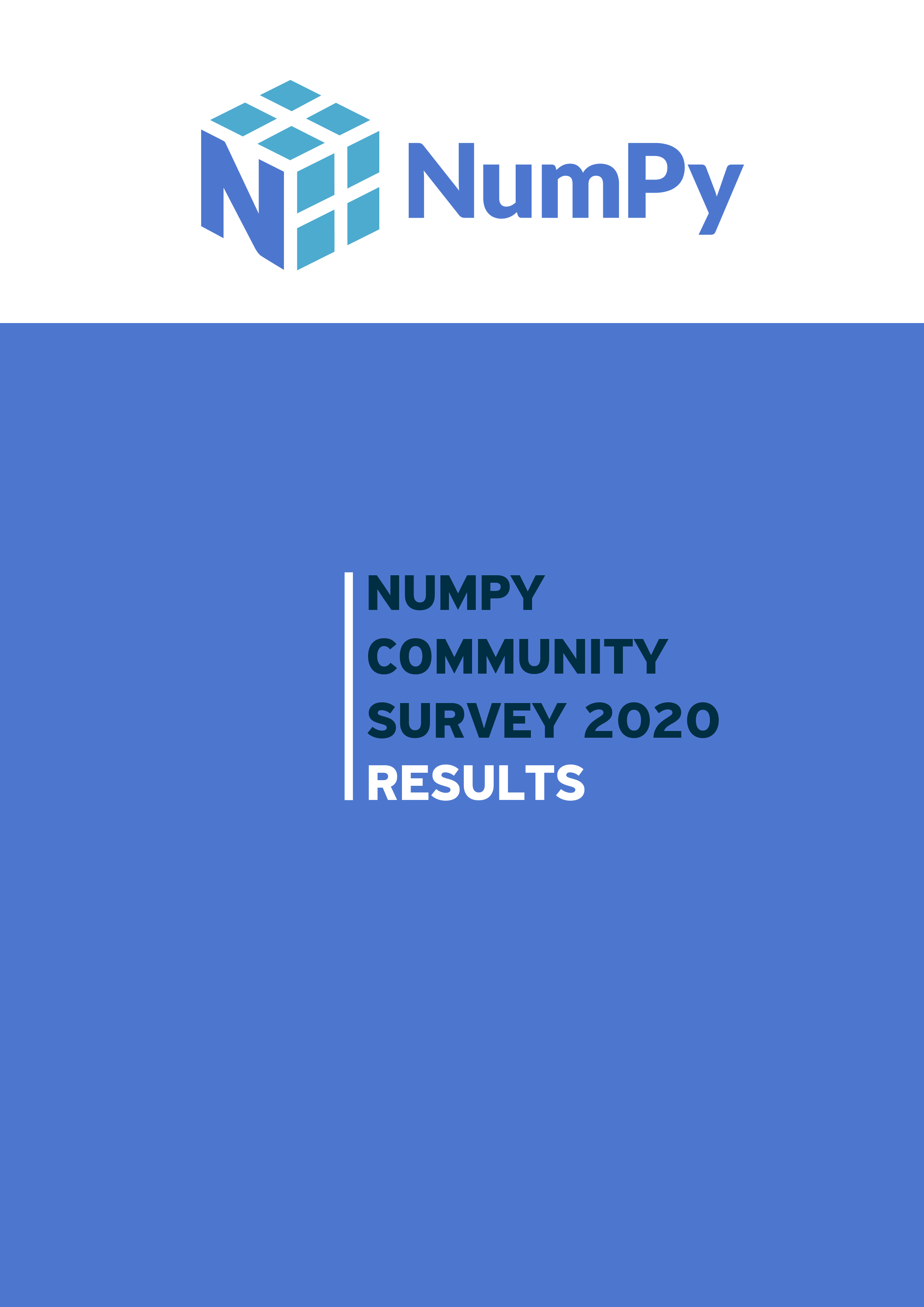 Página de capa do relatório da pesquisa de usuários do NumPy 2020, chamado "NumPy Community Survey 2020 - results"